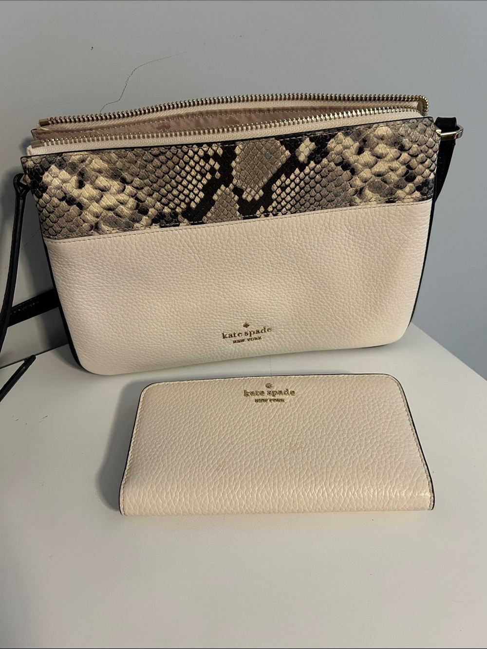 kate spade Cream Leather Crossbody with Snake-Print Trim